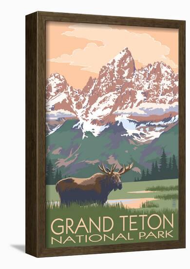 Grand Teton National Park - Moose and Mountains-null-Framed Poster