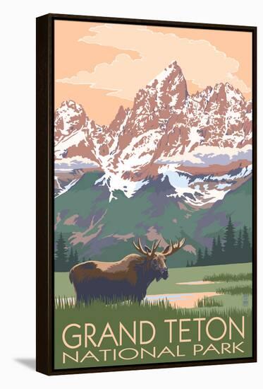 Grand Teton National Park - Moose and Mountains-Lantern Press-Framed Stretched Canvas