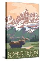 Grand Teton National Park - Moose and Mountains-Lantern Press-Stretched Canvas