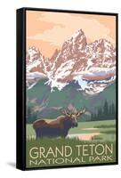 Grand Teton National Park - Moose and Mountains-Lantern Press-Framed Stretched Canvas