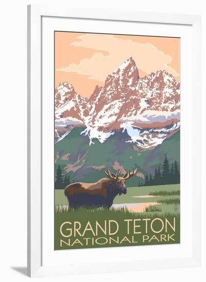 Grand Teton National Park - Moose and Mountains-Lantern Press-Framed Art Print