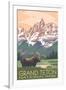 Grand Teton National Park - Moose and Mountains-Lantern Press-Framed Art Print