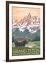 Grand Teton National Park - Moose and Mountains-Lantern Press-Framed Art Print