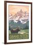 Grand Teton National Park - Moose and Mountains-Lantern Press-Framed Art Print