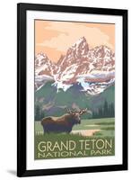 Grand Teton National Park - Moose and Mountains-Lantern Press-Framed Art Print