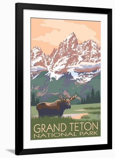 Grand Teton National Park - Moose and Mountains-Lantern Press-Framed Art Print