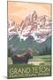 Grand Teton National Park - Moose and Mountains-Lantern Press-Mounted Art Print