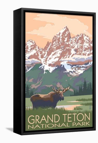 Grand Teton National Park - Moose and Mountains-Lantern Press-Framed Stretched Canvas