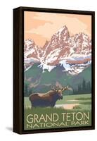 Grand Teton National Park - Moose and Mountains-Lantern Press-Framed Stretched Canvas