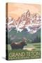 Grand Teton National Park - Moose and Mountains-Lantern Press-Stretched Canvas