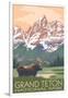 Grand Teton National Park - Moose and Mountains-Lantern Press-Framed Art Print