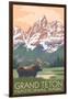 Grand Teton National Park - Moose and Mountains-Lantern Press-Framed Art Print