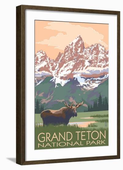 Grand Teton National Park - Moose and Mountains-Lantern Press-Framed Art Print