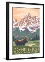 Grand Teton National Park - Moose and Mountains-Lantern Press-Framed Art Print