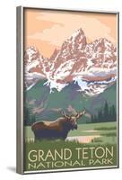 Grand Teton National Park - Moose and Mountains-Lantern Press-Framed Art Print