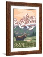 Grand Teton National Park - Moose and Mountains-Lantern Press-Framed Art Print