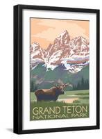 Grand Teton National Park - Moose and Mountains-Lantern Press-Framed Art Print