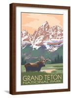 Grand Teton National Park - Moose and Mountains-Lantern Press-Framed Art Print