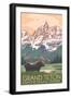 Grand Teton National Park - Moose and Mountains-Lantern Press-Framed Art Print