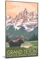 Grand Teton National Park - Moose and Mountains-Lantern Press-Mounted Art Print