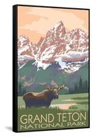 Grand Teton National Park - Moose and Mountains-Lantern Press-Framed Stretched Canvas