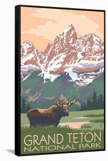 Grand Teton National Park - Moose and Mountains-Lantern Press-Framed Stretched Canvas