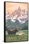 Grand Teton National Park - Moose and Mountains-Lantern Press-Framed Stretched Canvas