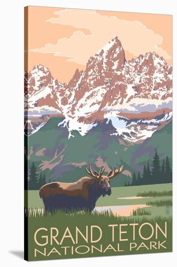 Grand Teton National Park - Moose and Mountains-Lantern Press-Stretched Canvas