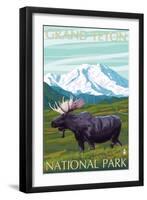 Grand Teton National Park, Wyoming, Moose and Mountains-Lantern Press-Framed Art Print