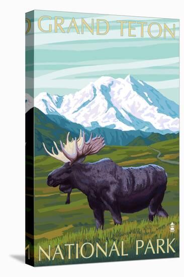 Grand Teton National Park, Wyoming, Moose and Mountains-Lantern Press-Stretched Canvas