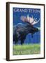 Grand Teton National Park, Wyoming, Moose in the Moonlight-Lantern Press-Framed Art Print