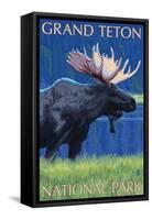 Grand Teton National Park, Wyoming, Moose in the Moonlight-Lantern Press-Framed Stretched Canvas