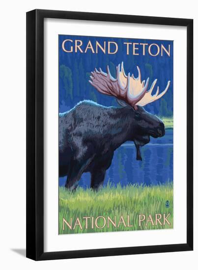 Grand Teton National Park, Wyoming, Moose in the Moonlight-Lantern Press-Framed Art Print