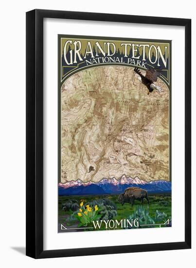 Grand Teton National Park, Wyoming - Topographical Map-Lantern Press-Framed Art Print