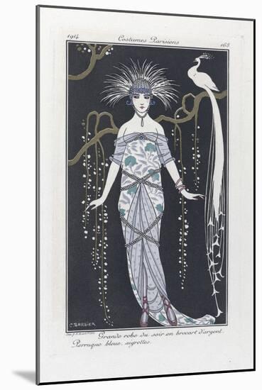 Grande Robe Du Soir En Brocart D'argent. Perruque Bleue, Aigrettes, from Costumes Parisiens, Pub.19-Georges Barbier-Mounted Giclee Print