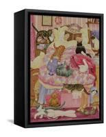 Grandma and 10 cats in the bedroom-Linda Benton-Framed Stretched Canvas