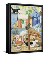 Grandma and 10 Cats in the Kitchen-Linda Benton-Framed Stretched Canvas