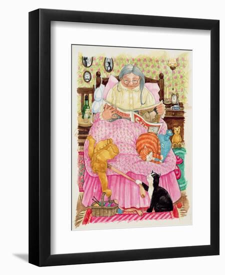 Grandma and 2 Cats and a Pink Bed-Linda Benton-Framed Giclee Print