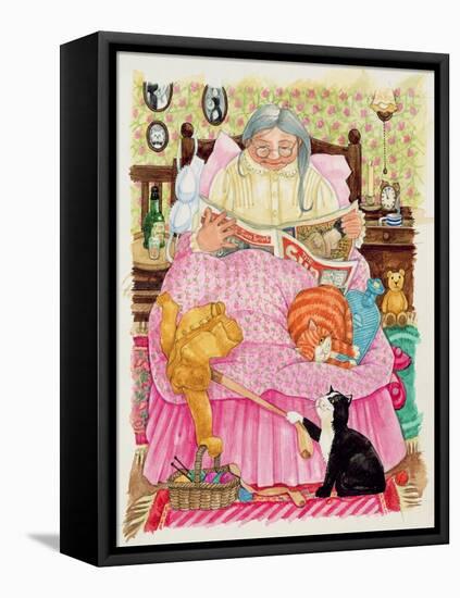 Grandma and 2 Cats and a Pink Bed-Linda Benton-Framed Stretched Canvas