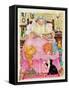 Grandma and 2 Cats and a Pink Bed-Linda Benton-Framed Stretched Canvas