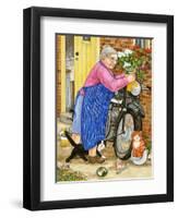 Grandma and 2 Cats and Motorbike (W/C on Paper)-Linda Benton-Framed Premium Giclee Print