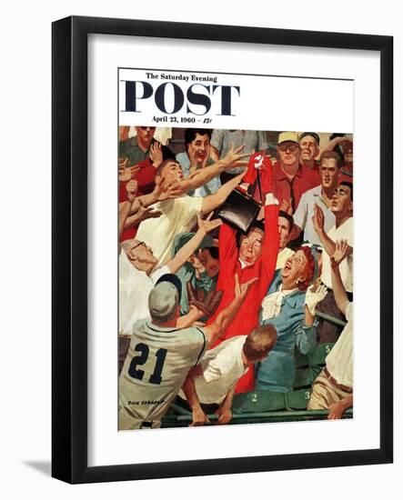 "Grandma Catches Fly-ball," Saturday Evening Post Cover, April 23, 1960-Richard Sargent-Framed Premium Giclee Print