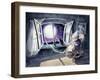 Grandmother Knitting a Sweater with a Lunar Light.Picture Created with Watercolors.-DeepGreen-Framed Art Print
