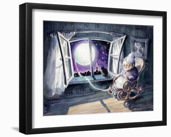 Grandmother Knitting a Sweater with a Lunar Light.Picture Created with Watercolors.-DeepGreen-Framed Art Print