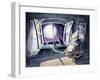 Grandmother Knitting a Sweater with a Lunar Light.Picture Created with Watercolors.-DeepGreen-Framed Art Print