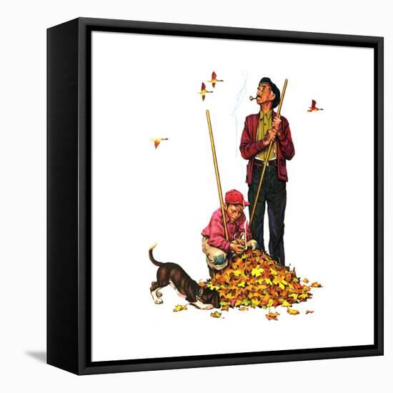 Grandpa and Me: Raking Leaves-Norman Rockwell-Framed Stretched Canvas