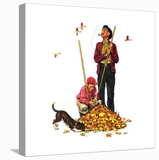 Grandpa and Me: Raking Leaves-Norman Rockwell-Stretched Canvas