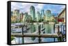 Granville Island, Burrard Street Bridge, yachts and apartment buildings. Vancouver, British Columbi-William Perry-Framed Stretched Canvas