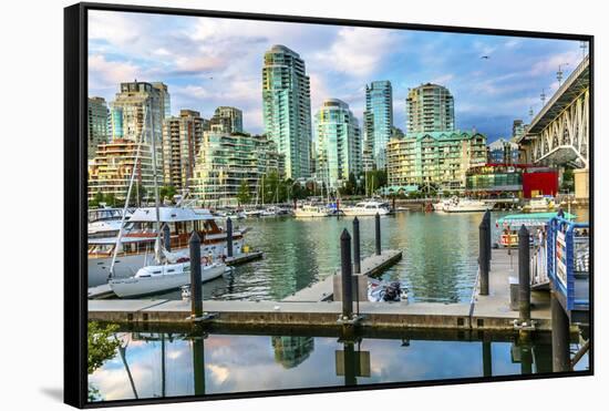 Granville Island, Burrard Street Bridge, yachts and apartment buildings. Vancouver, British Columbi-William Perry-Framed Stretched Canvas