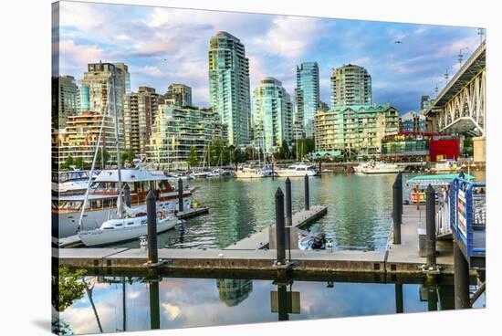 Granville Island, Burrard Street Bridge, yachts and apartment buildings. Vancouver, British Columbi-William Perry-Stretched Canvas
